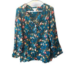 CJ Banks Button Up Floral Long Sleeve Blouse Boho Turquoise Pockets Plus Stretch